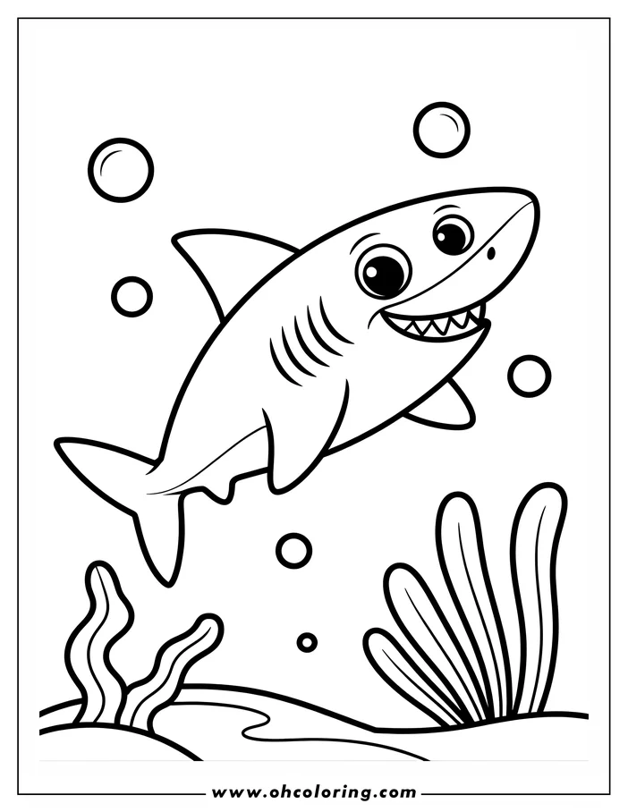 Line art of a cartoon shark with a happy expression, swimming amidst bubbles and near some seaweed.