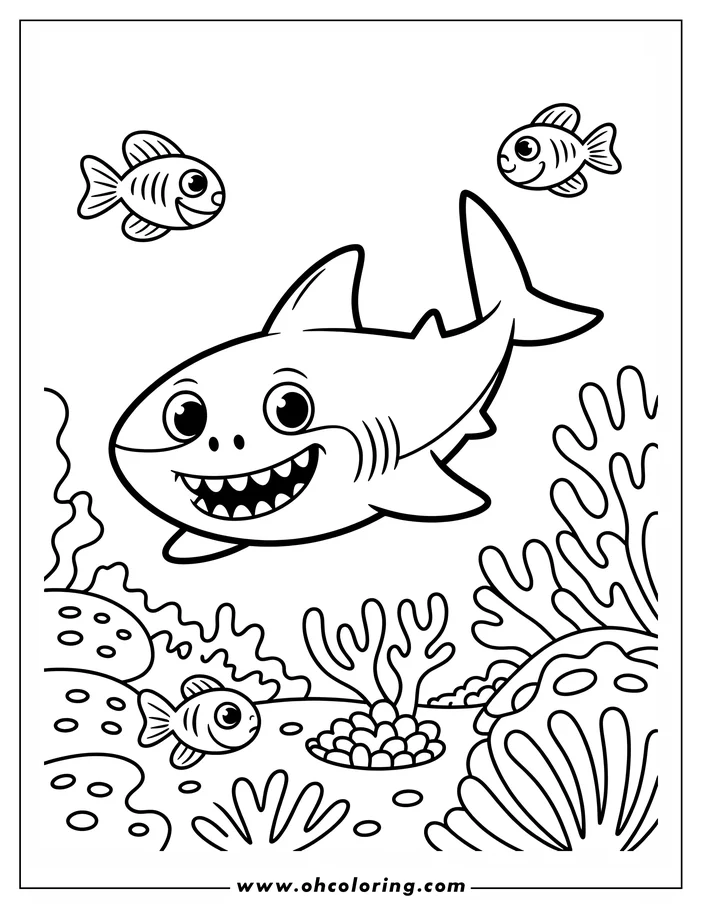 A cartoon shark with a happy expression swims above coral and small fish.