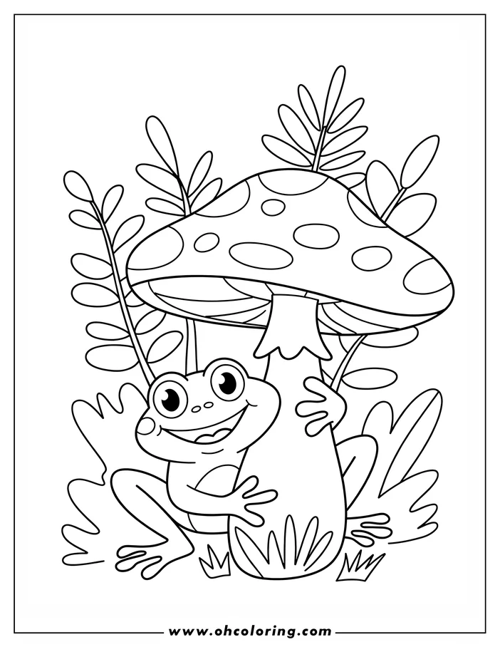Outline of a smiling frog hugging a spotted mushroom with leafy fronds in the background.