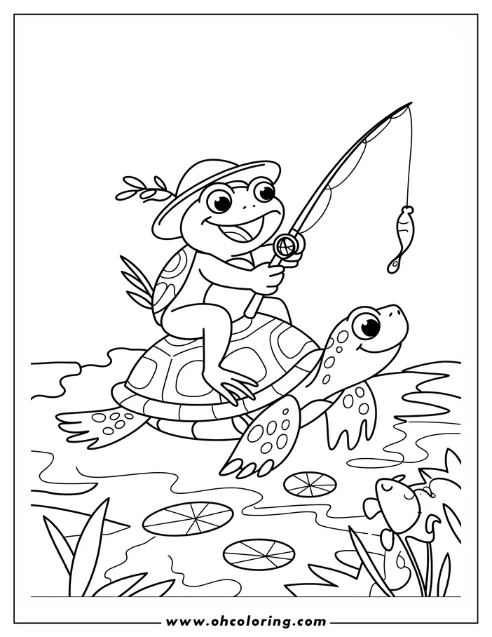 Line art of a frog fishing from the back of a turtle in a pond with lily pads and two fish
