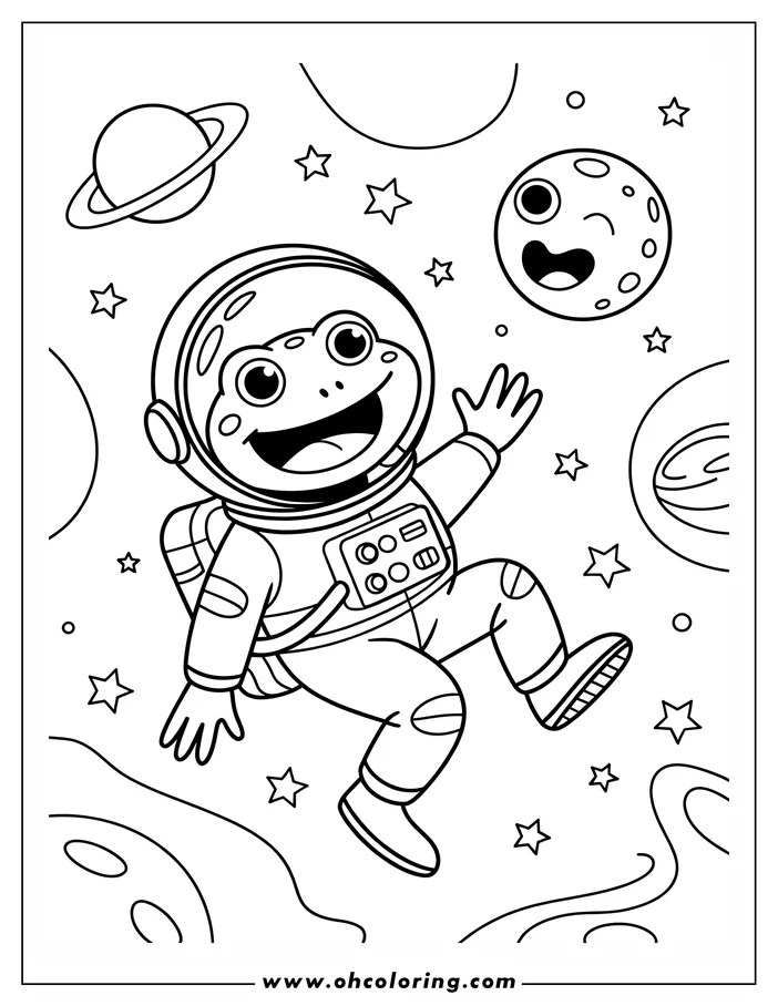Line art of a smiling frog astronaut floating in space, with a cartoon moon and stars in the background.