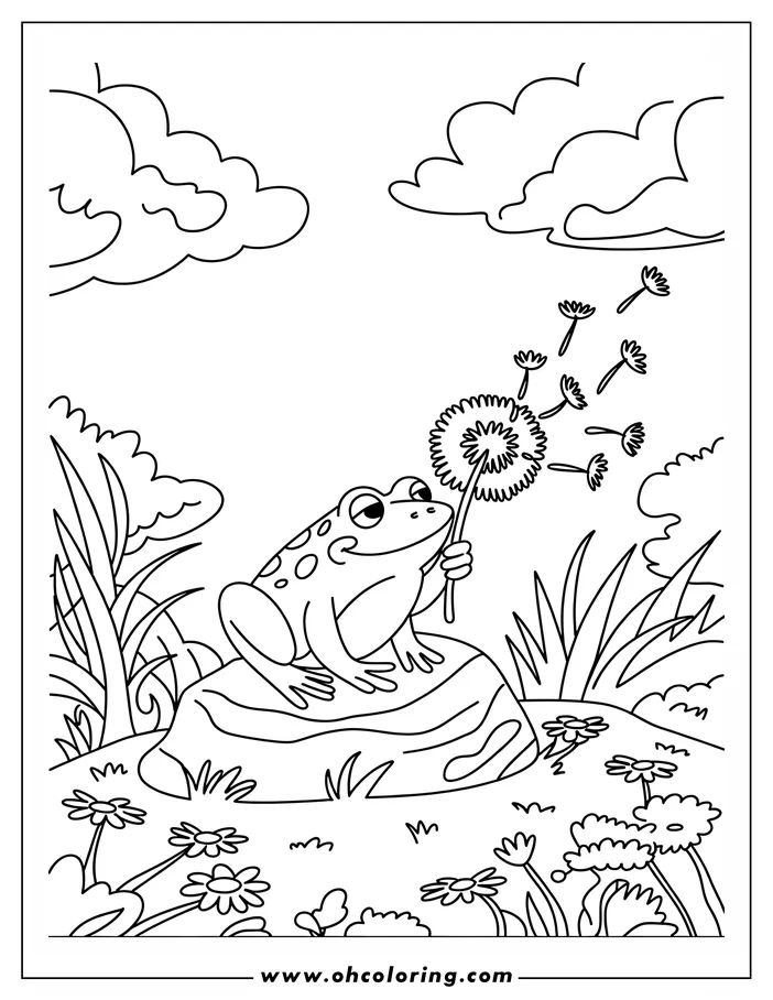 A spotted frog blows the seeds off of a dandelion while sitting on a rock. Flowers and grass surround the rock. 