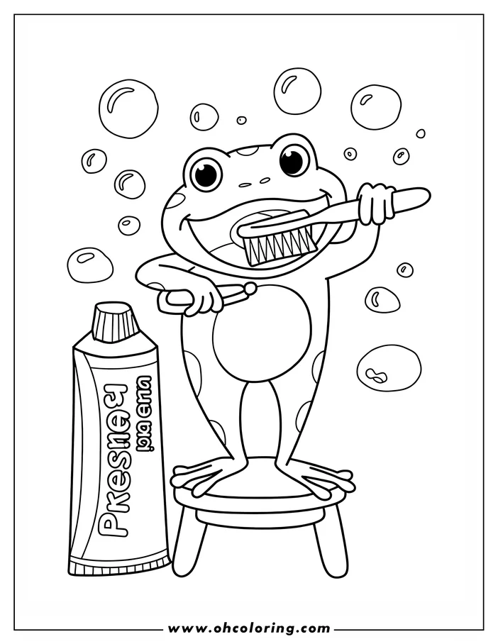 Line art of a cartoon frog sitting on a small stool, brushing its teeth with a toothbrush. A tube of toothpaste is beside it.