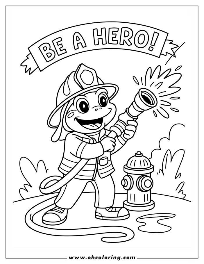 A cartoon frog dressed as a firefighter, holding a firehose and spraying water.  A fire hydrant is next to the frog.
