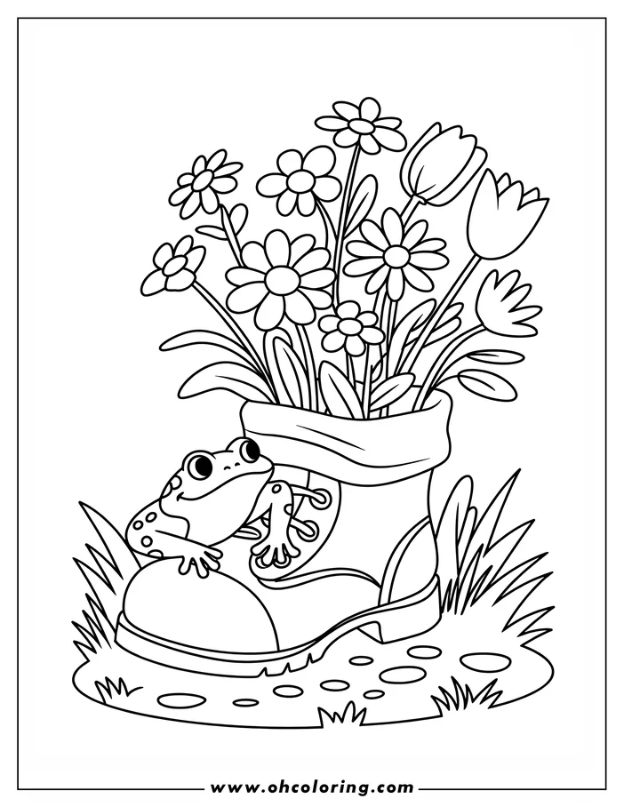 Outline of a frog sitting on a boot containing a bouquet of flowers and surrounded by grass