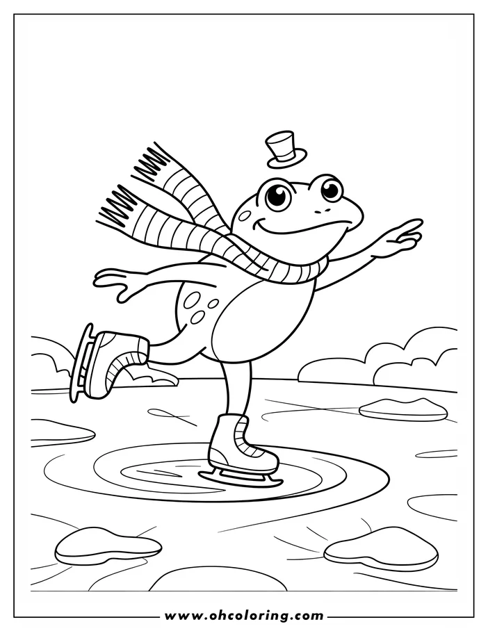 Line art of a smiling frog ice skating on a frozen pond. He's wearing a scarf and top hat.