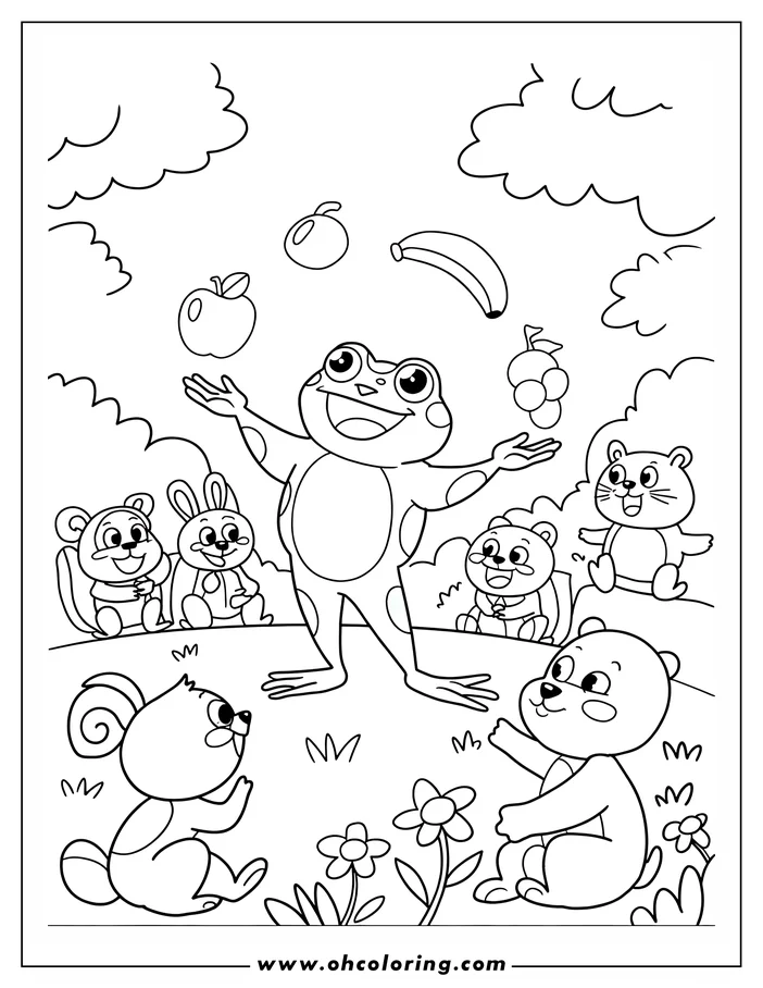 Line art of a cheerful frog juggling fruit for an audience of small woodland animals. 