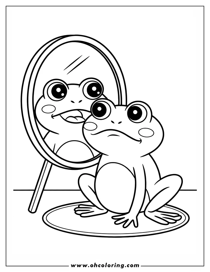 A cartoon frog sits looking at itself in a mirror.