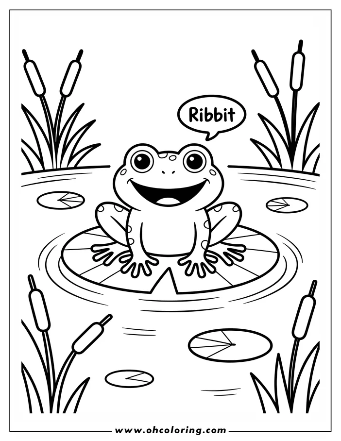 Outline of a smiling frog sitting on a lily pad, surrounded by dragonflies and cattails in a pond.