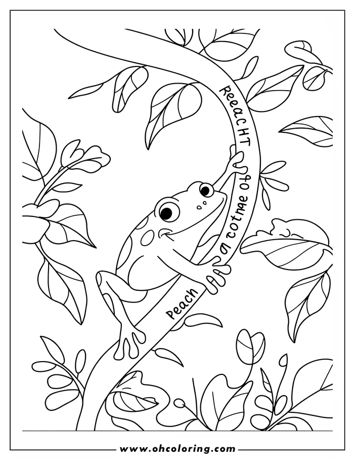 Outline of a cartoon frog holding onto a curved tree branch surrounded by leaves.
