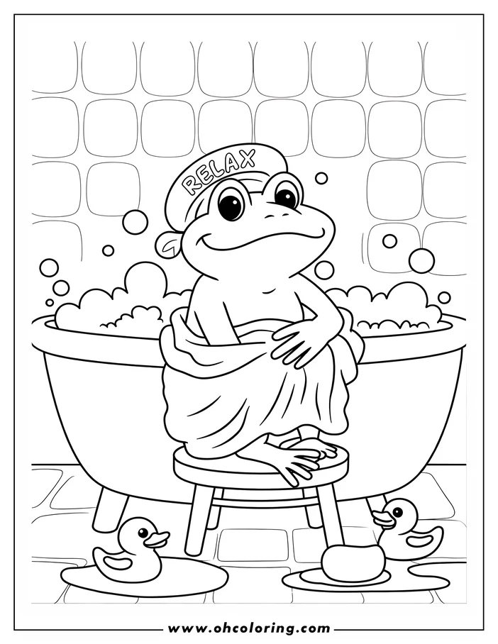 Outline of a frog relaxing in a bathtub, wrapped in a towel, and wearing a "Relax" cap. Two rubber duckies and a bar of soap are also present.