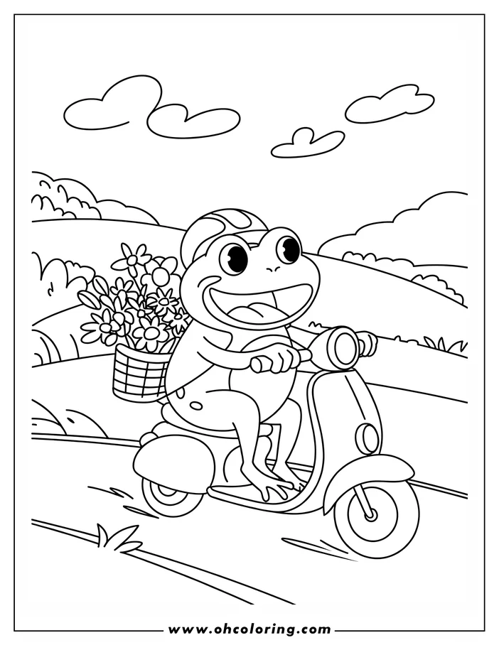 Outline of a smiling frog riding a scooter with a basket of flowers.