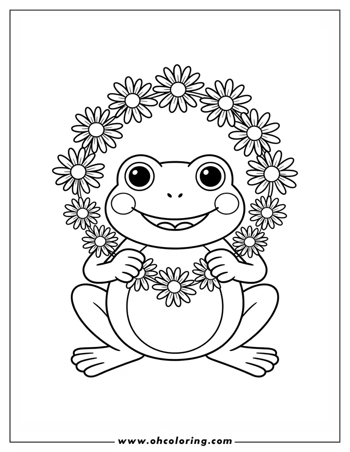 Outline of a smiling frog holding a daisy crown.