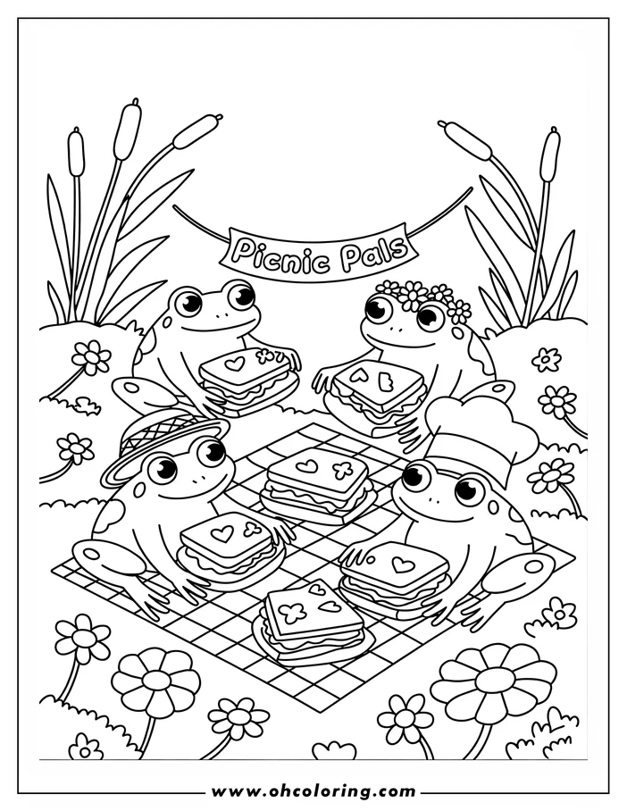 Four frogs having a picnic. They are sitting on a checkered blanket with sandwiches and surrounded by cattails and flowers. 