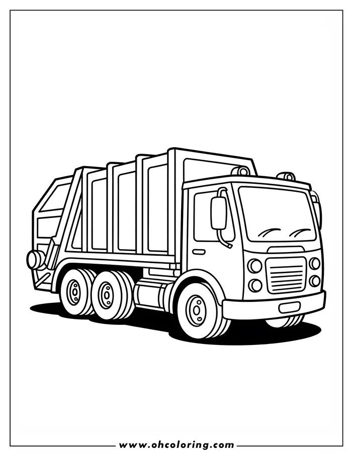 Line drawing of a garbage truck with a large container on the back.