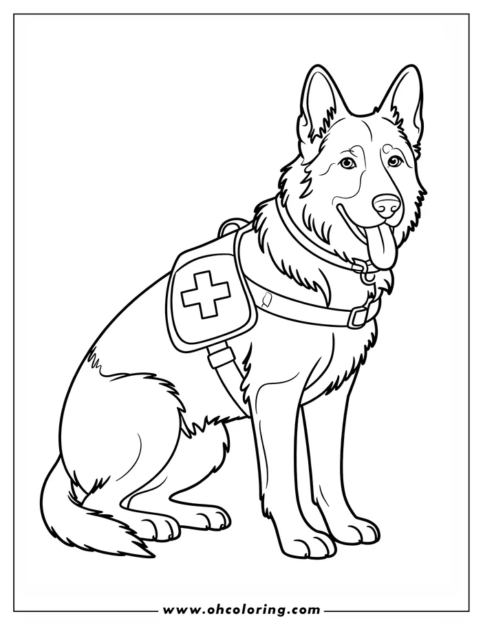 A German Shepherd rescue dog sitting, wearing a vest marked with a medical cross.