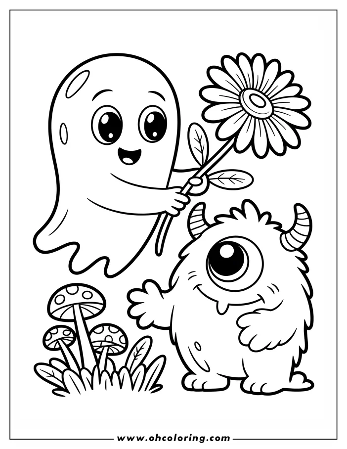 Line art of a ghost giving a flower to a furry monster. Mushrooms and grass add to the Halloween-themed scene.