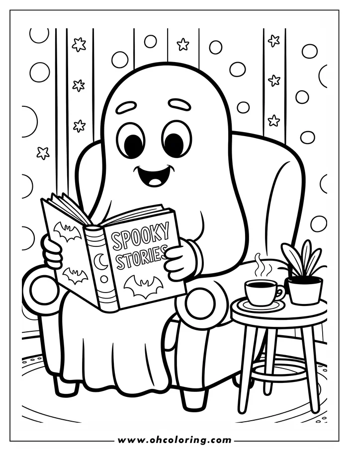 Line art of a friendly ghost reading a book of spooky stories, sitting in a cozy armchair with a warm drink nearby.