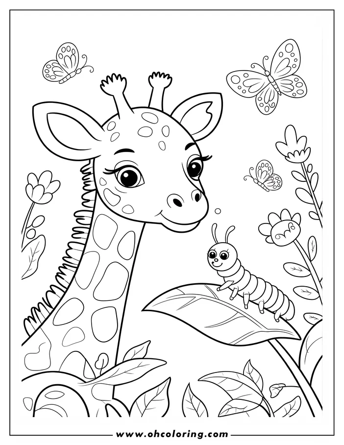 Line art of a cartoon giraffe with a caterpillar on a leaf, surrounded by butterflies and flowers.