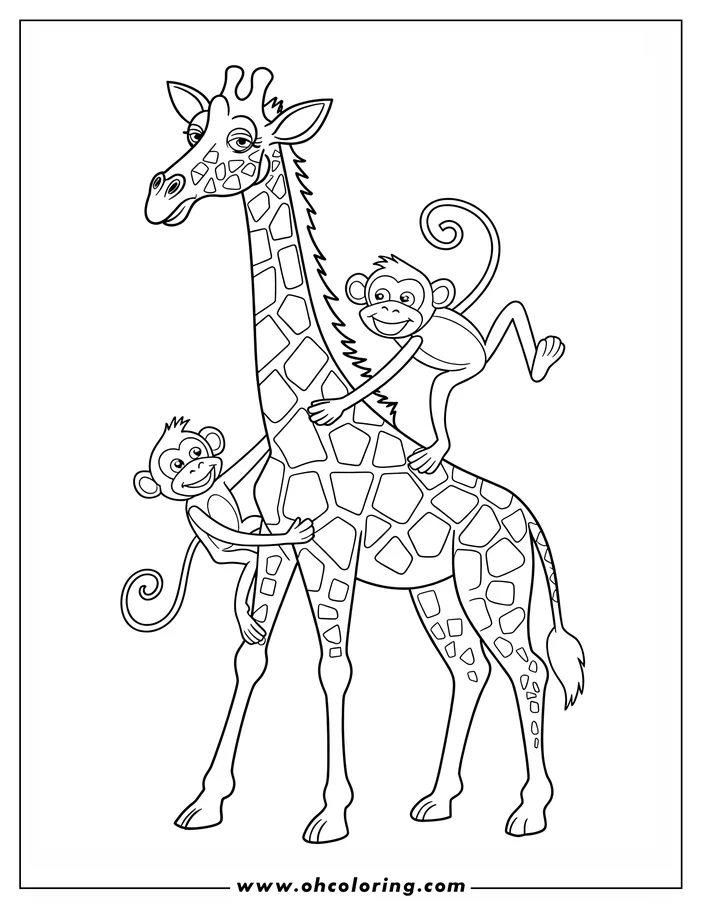 Line art of a giraffe with two monkeys playfully holding onto it
