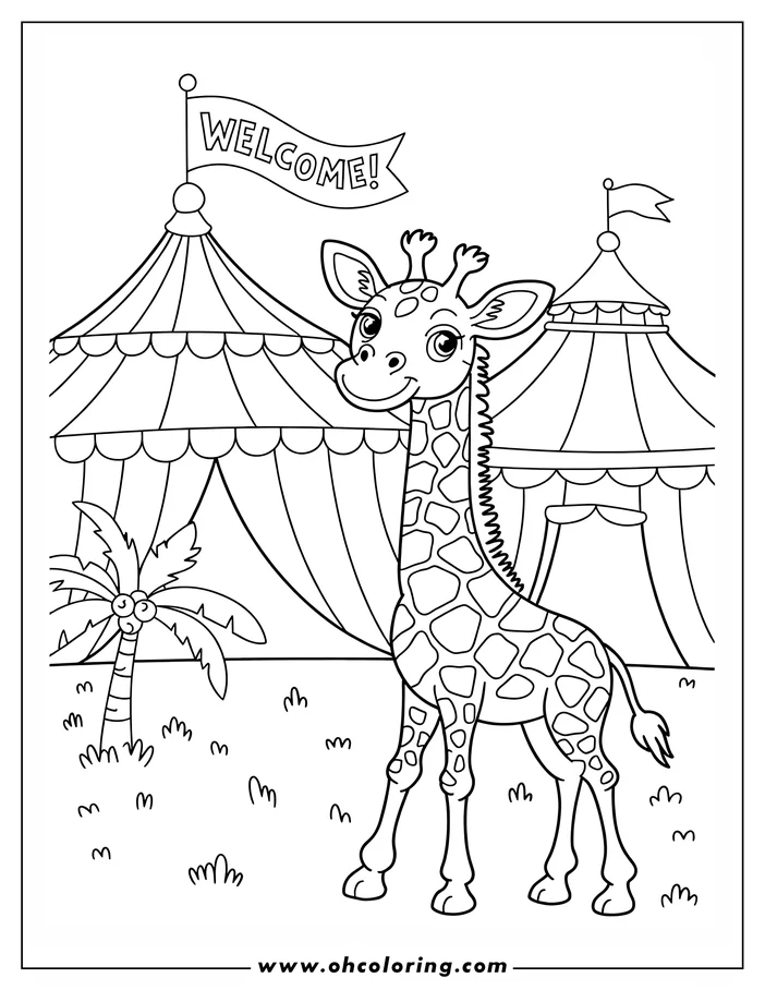 Outline of a giraffe standing near two circus tents with a welcome banner, and a palm tree in the background.