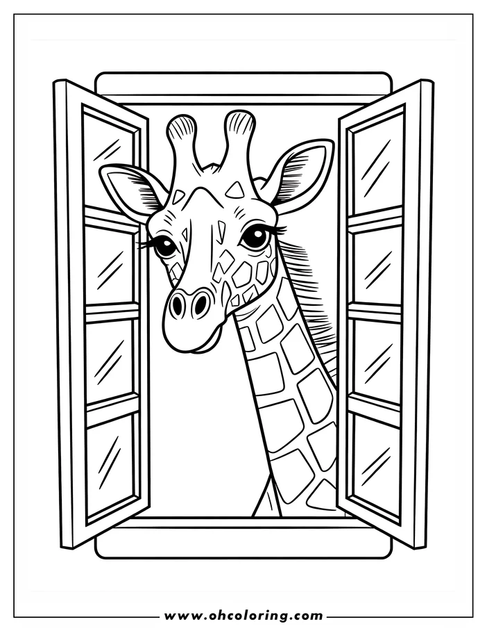 A friendly giraffe looking through an open window.