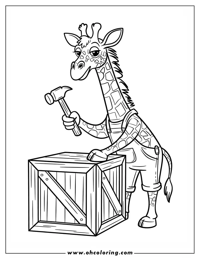 Line art of a giraffe wearing overalls and holding a hammer, building with a wooden crate.