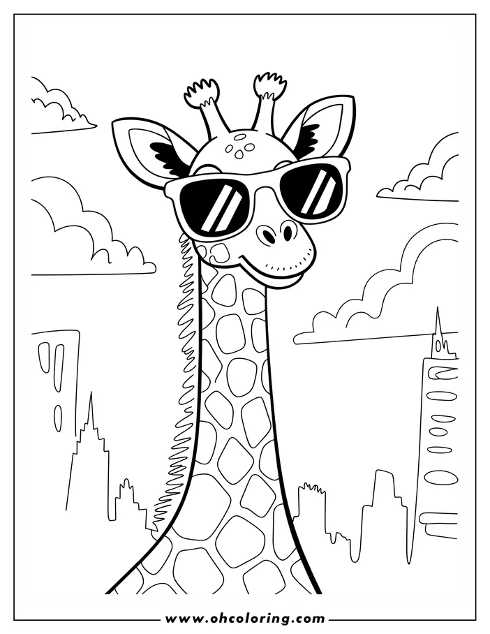 Outline of a giraffe wearing sunglasses, set against a simple city skyline backdrop.