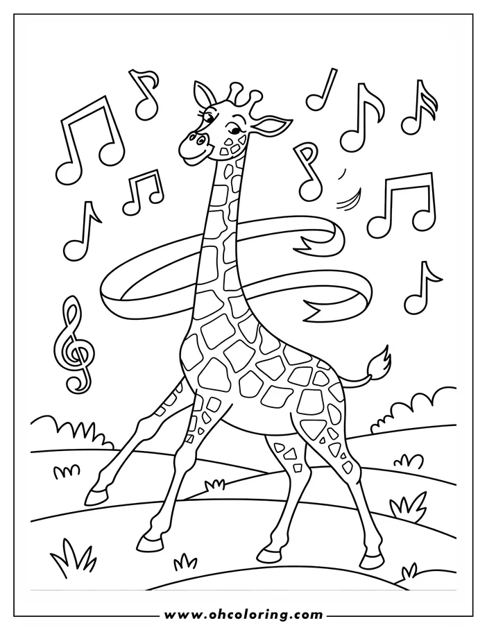 Outline of a cartoon giraffe dancing with a ribbon, surrounded by musical notes. The scene has a playful and musical theme.
