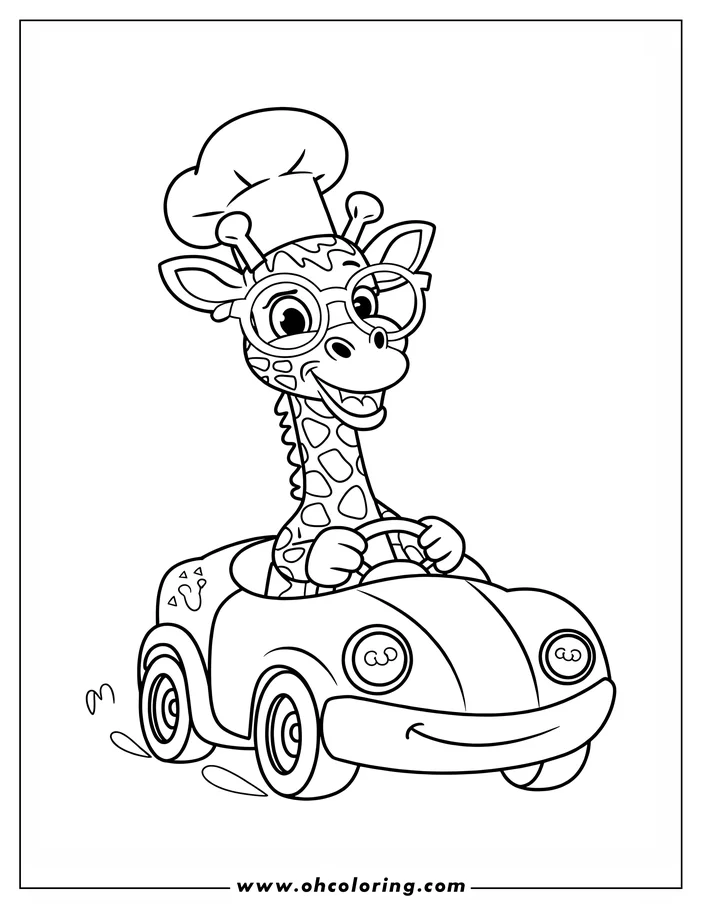 Outline of a cartoon giraffe wearing a chef's hat and glasses driving a car.