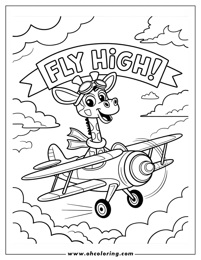 Line drawing of a cartoon giraffe wearing aviator goggles and flying a biplane. There is a banner that reads "Fly High!"