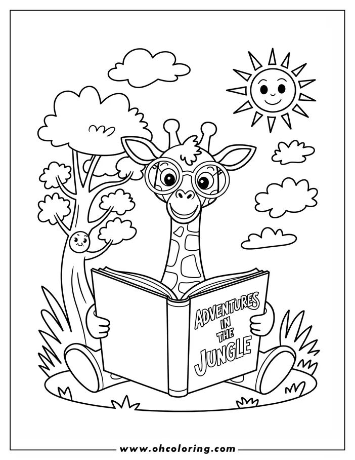 Outline of a giraffe wearing glasses sitting and reading a book titled "Adventures in the Jungle."