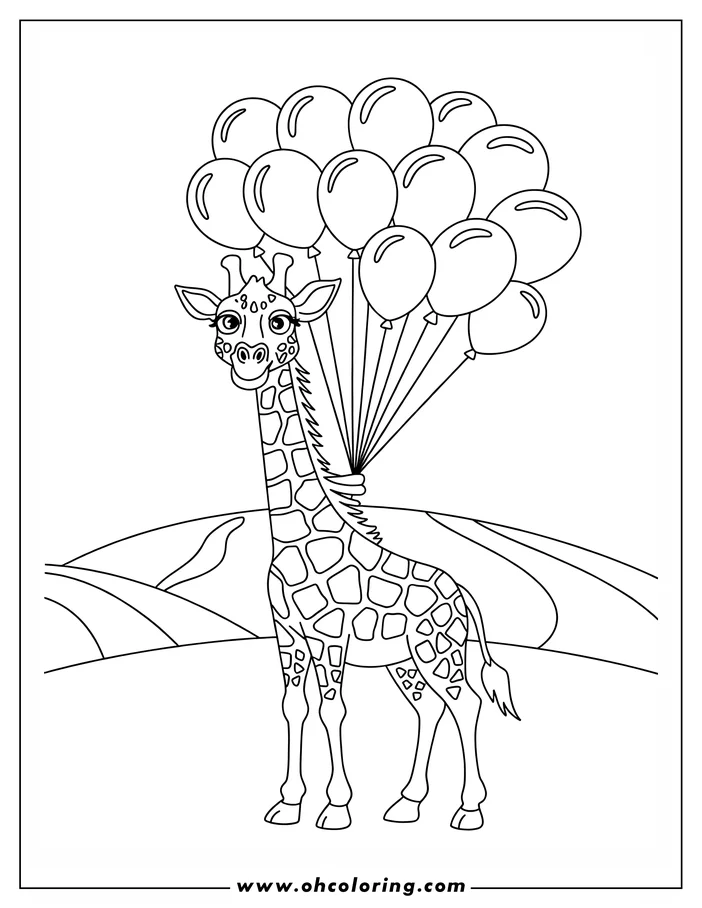 Outline of a cartoon giraffe holding a bunch of balloons in a simple landscape setting.