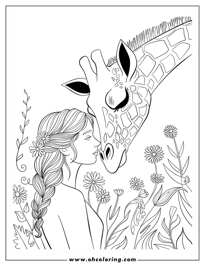 Line art of a girl and a giraffe touching noses in a field of flowers. The girl has flowers in her braided hair.