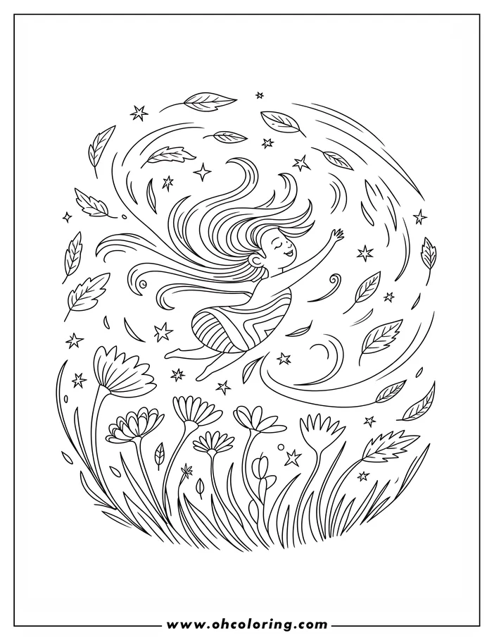 Whimsical line art of a girl with long flowing hair, flying above blooming spring flowers. Leaves and stars swirl around her in this playful coloring sheet design.  The scene evokes a sense of spring and joy.