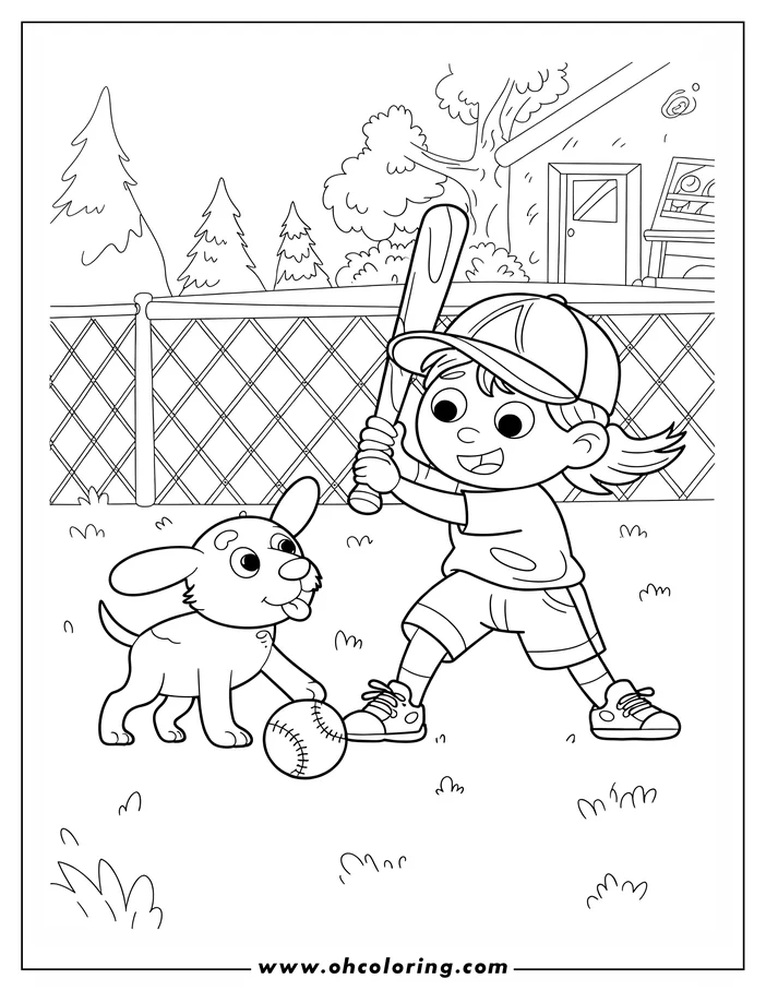 A girl with a baseball bat and a playful puppy near a baseball, line art drawing.