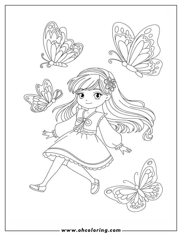 Line drawing of a girl with long hair and a dress, surrounded by three butterflies.