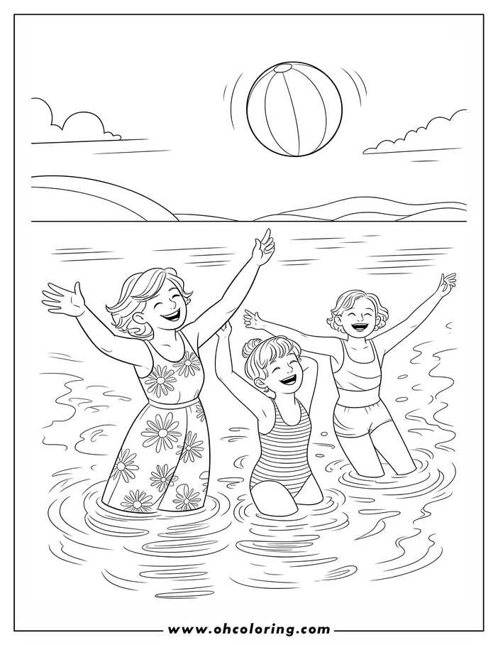 Line art of three girls playing with a beach ball in shallow water. One girl is wearing a floral dress, one a striped swimsuit, and the other shorts and a tank top. They all have their arms up, and ripples are visible around them in the water. Hills and a beach are visible in the background of this coloring sheet design.