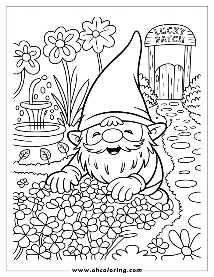 Line art depicting a St. Patrick's Day scene with a cheerful gnome surrounded by four-leaf clovers and a sign that reads "Lucky Patch." Other details include a water fountain and a path, creating a festive coloring sheet design.