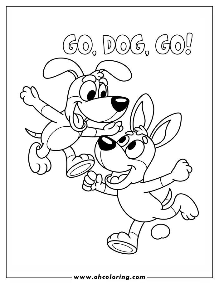 Two dogs from "Go, Dog. Go!" running playfully; one dog leaps while the other strides forward, both with happy expressions.