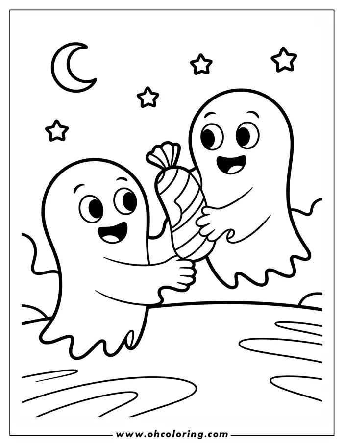 Two friendly ghosts exchanging a Halloween treat bag at night.