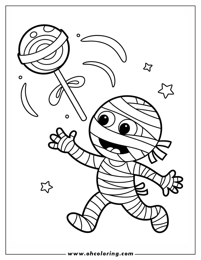 Line art of a cartoon mummy running towards a lollipop for Halloween. Stars decorate the background.