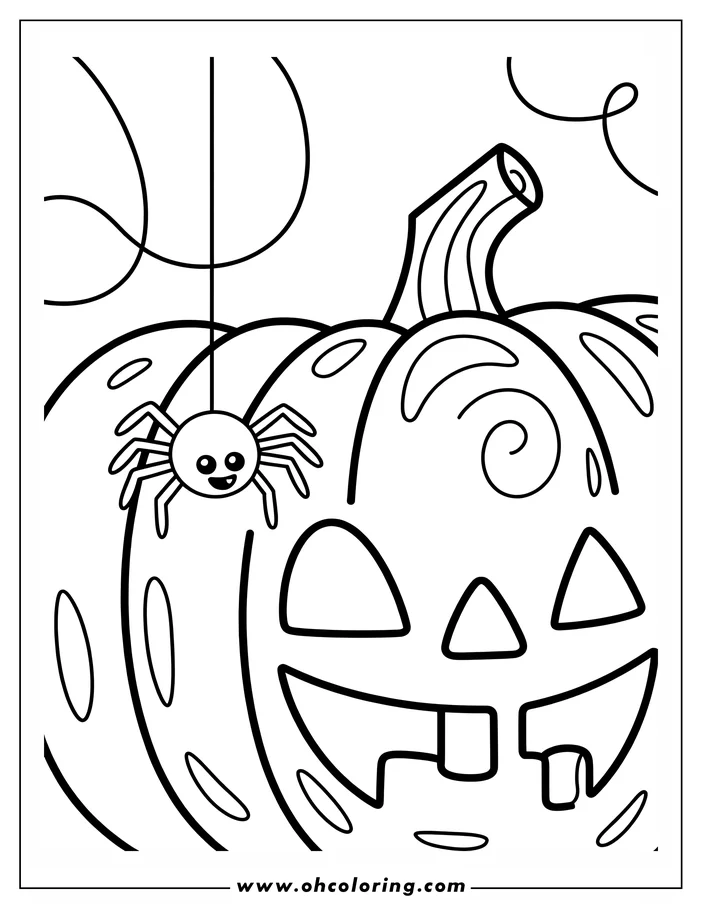 Line art of a Halloween pumpkin with carved face and a spider hanging from a web strand