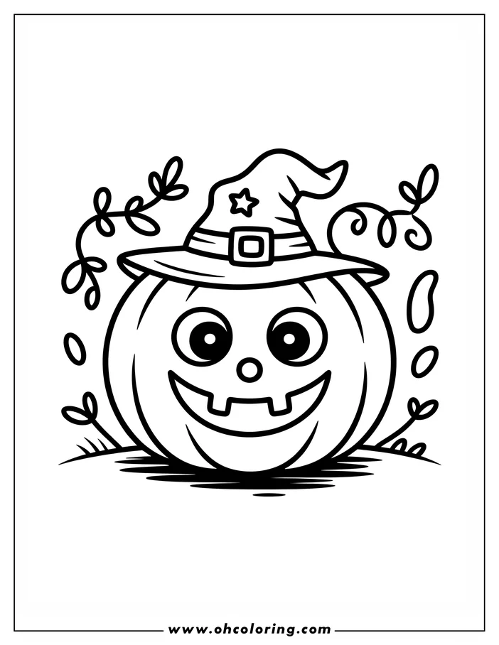 Line art of a Halloween pumpkin wearing a witch's hat, surrounded by small vines and leaves.