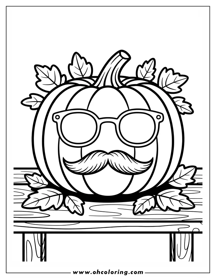 Line art of a Halloween pumpkin wearing round glasses and a handlebar mustache, sitting on a wooden table decorated with leaves.