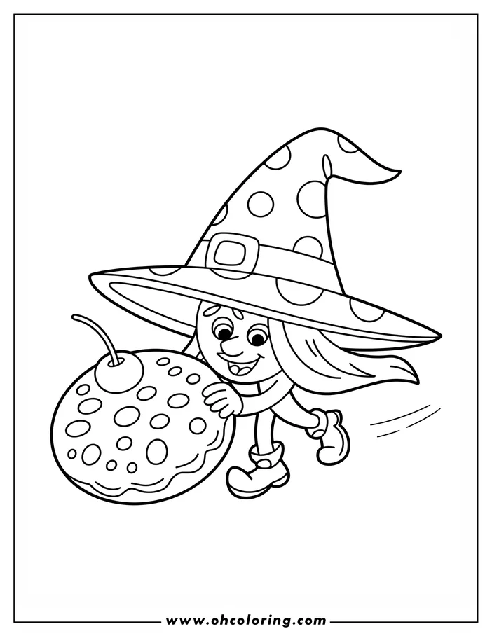 Line drawing of a witch carrying a large moon pie for Halloween. She wears a pointed hat and boots.
