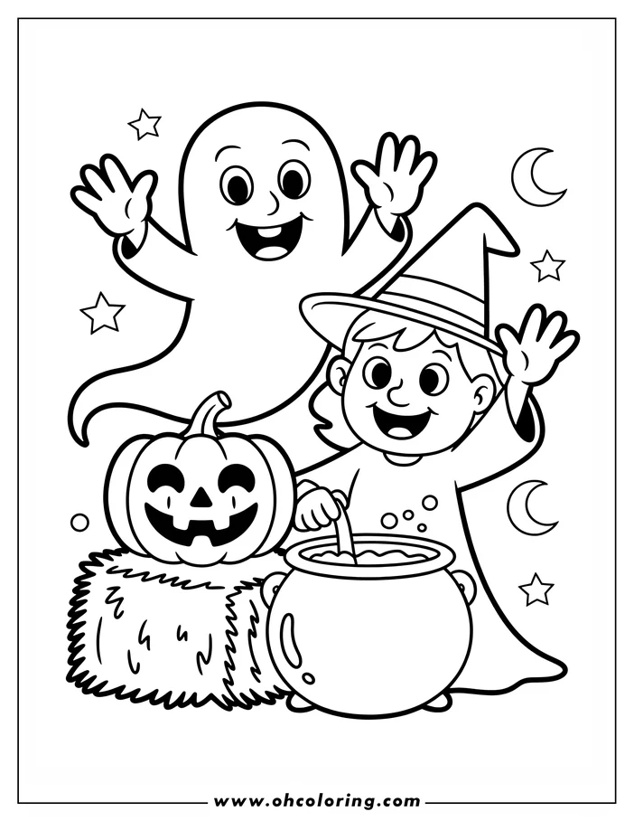 Line art of a Halloween scene: a smiling witch stirs her cauldron with a jack-o'-lantern and friendly ghost nearby.