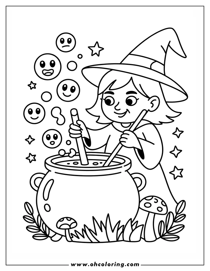Line art of a Halloween witch stirring a potion in a cauldron with stars and smiling faces surrounding her.