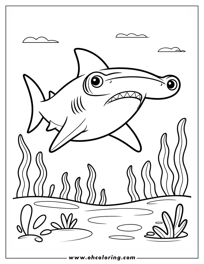 Line art of a cartoon hammerhead shark swimming above seabed seaweed.