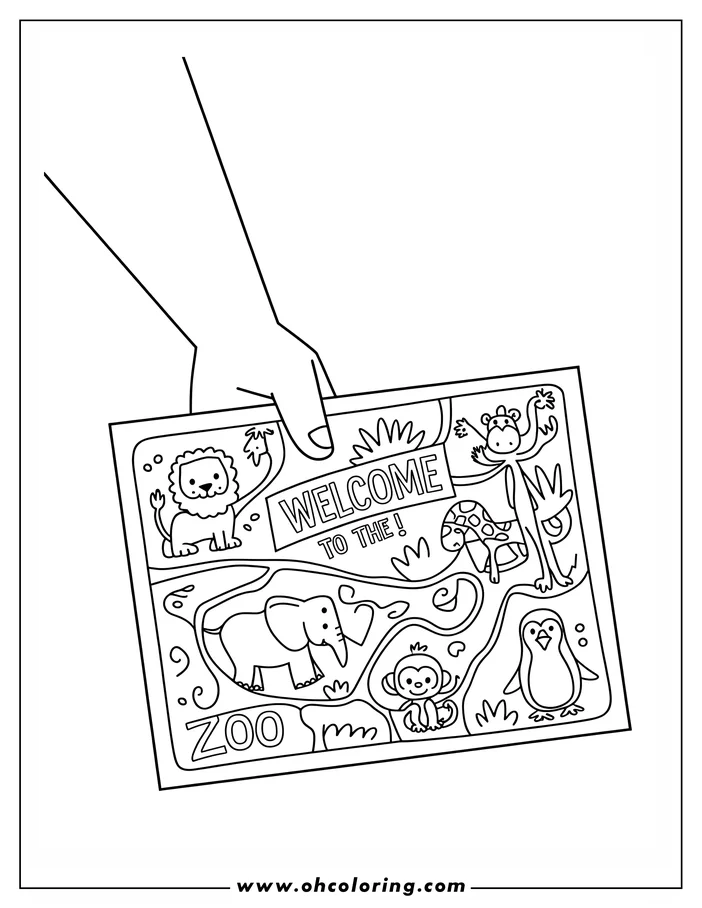 Line art of a hand holding a zoo map, which features various animals like a lion, an elephant, a monkey, and a penguin. The map says "Welcome to the Zoo."